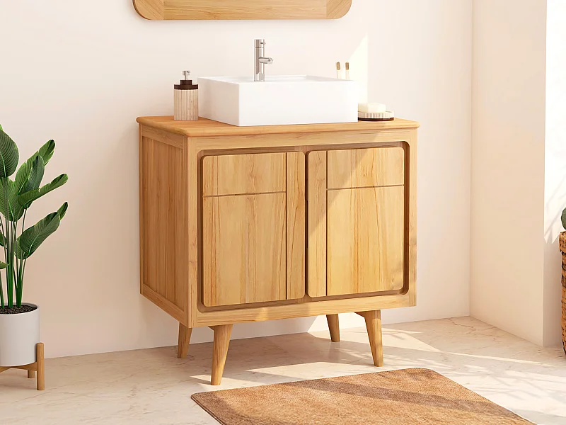 Mobile bagno in teak con piedi e lavabo da appoggio quadrato in ceramica 80 cm - BINTUNI