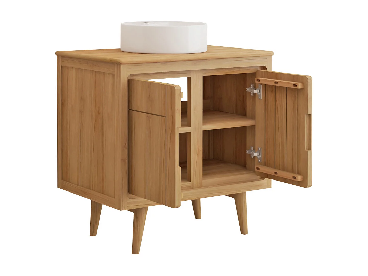 Mobile bagno in teak con piedi e lavabo da appoggio rotondo in ceramica 80 cm - BINTUNI