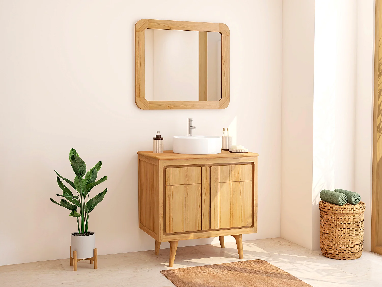 Mobile bagno in teak con piedi e lavabo da appoggio rotondo in ceramica 80 cm - BINTUNI
