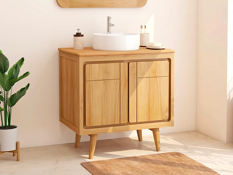 Mobile bagno in teak con piedi e lavabo da appoggio rotondo in ceramica 80 cm - BINTUNI
