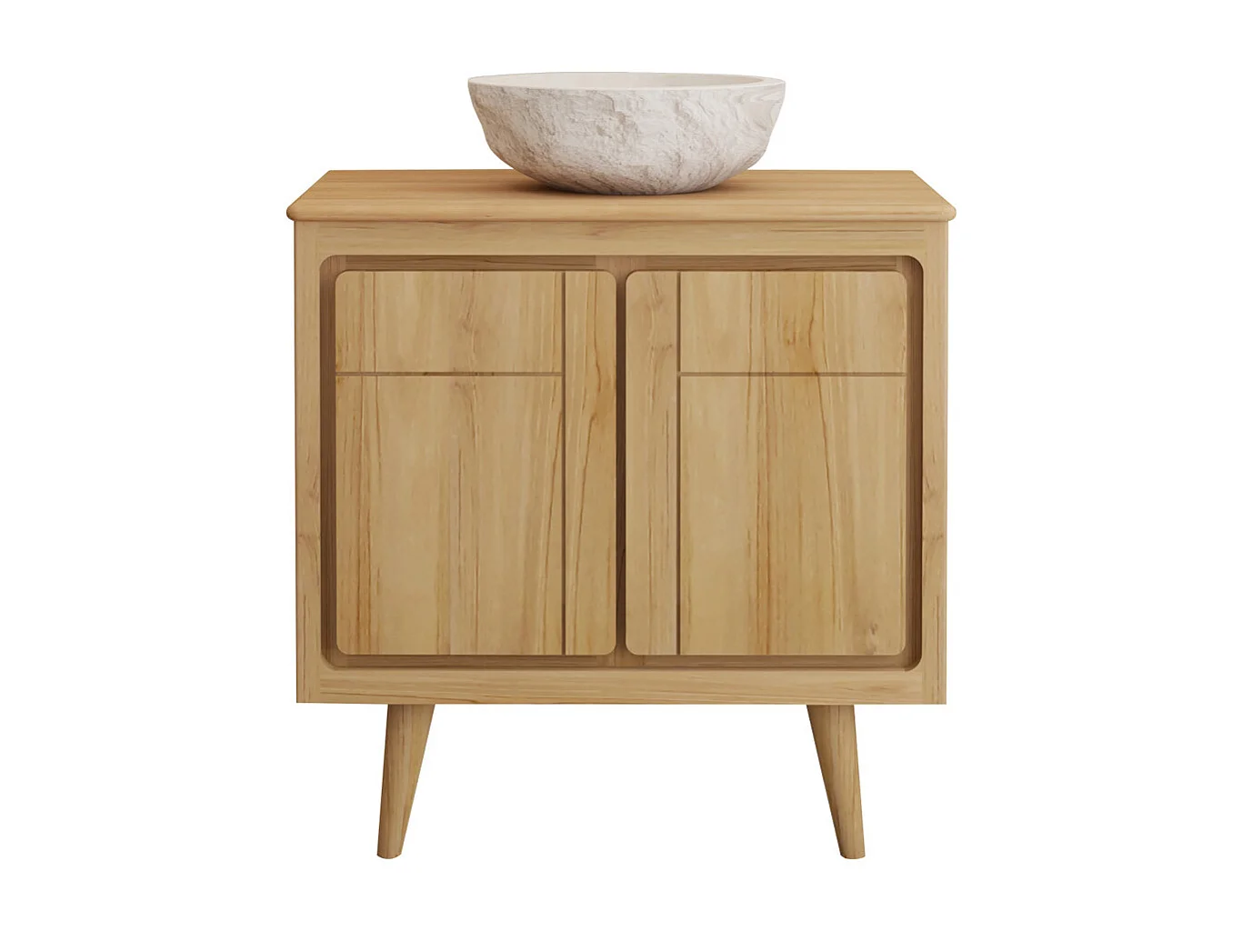 Meuble de salle de bain sur pieds en teck avec vasque à poser crème en pierre  - 80 cm - BINTUNI