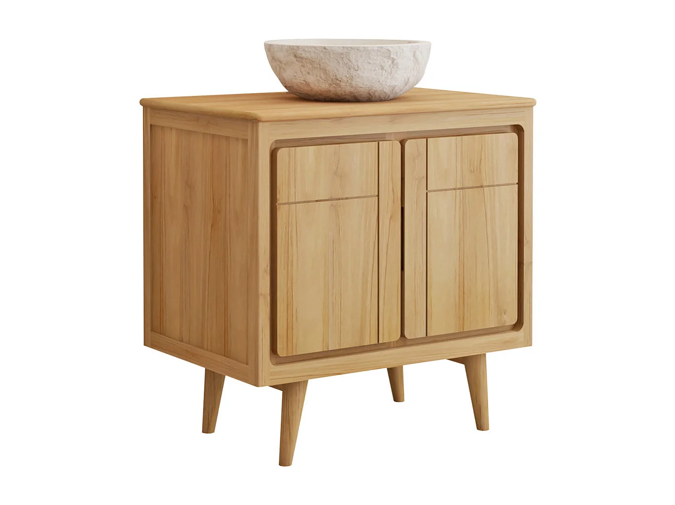 Meuble de salle de bain sur pieds en teck avec vasque à poser crème en pierre  - 80 cm - BINTUNI