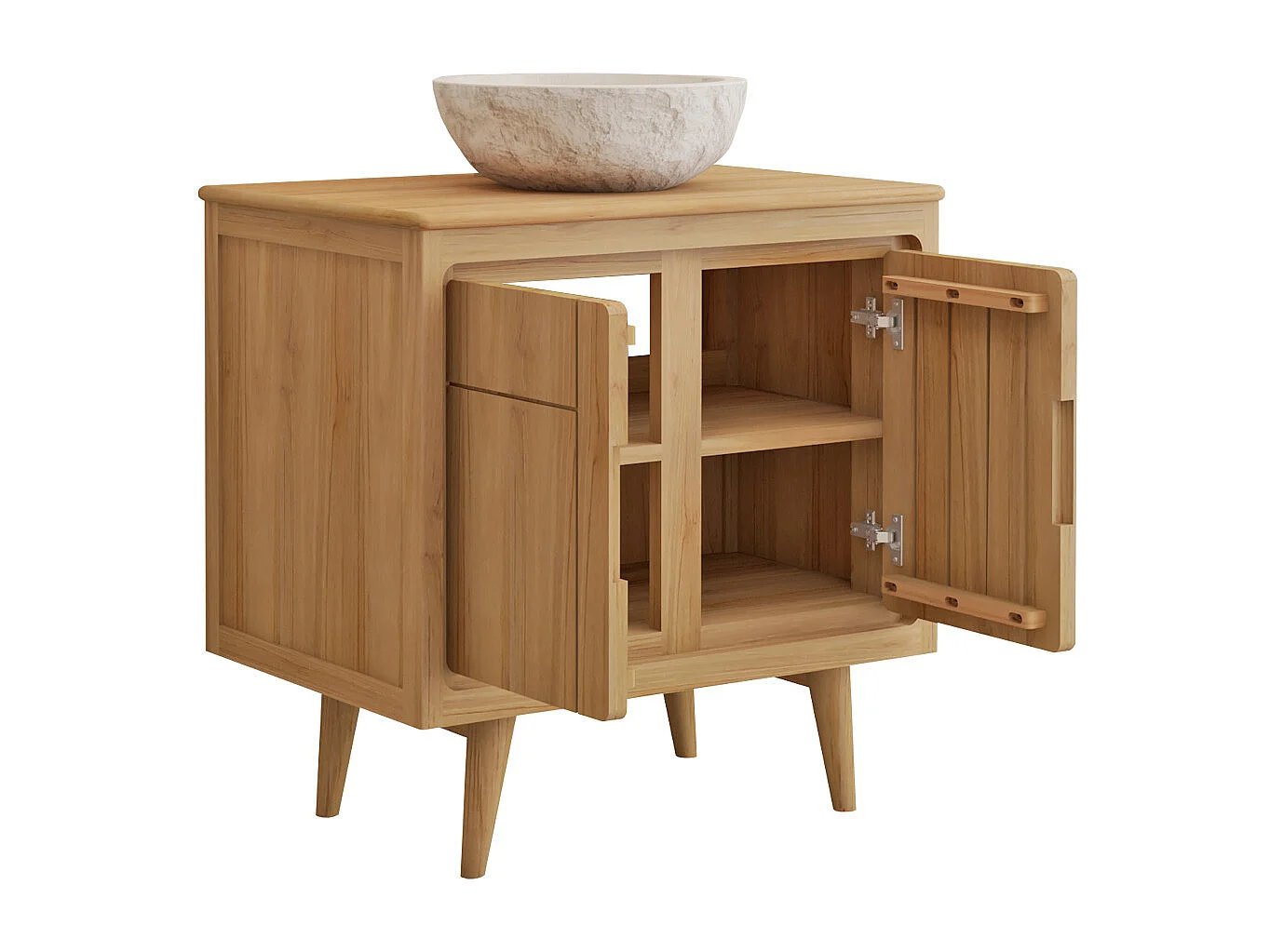 Meuble de salle de bain sur pieds en teck avec vasque à poser crème en pierre  - 80 cm - BINTUNI