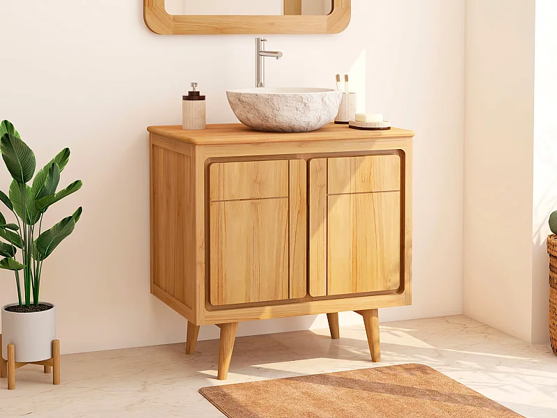 Meuble de salle de bain sur pieds en teck avec vasque à poser crème en pierre  - 80 cm - BINTUNI