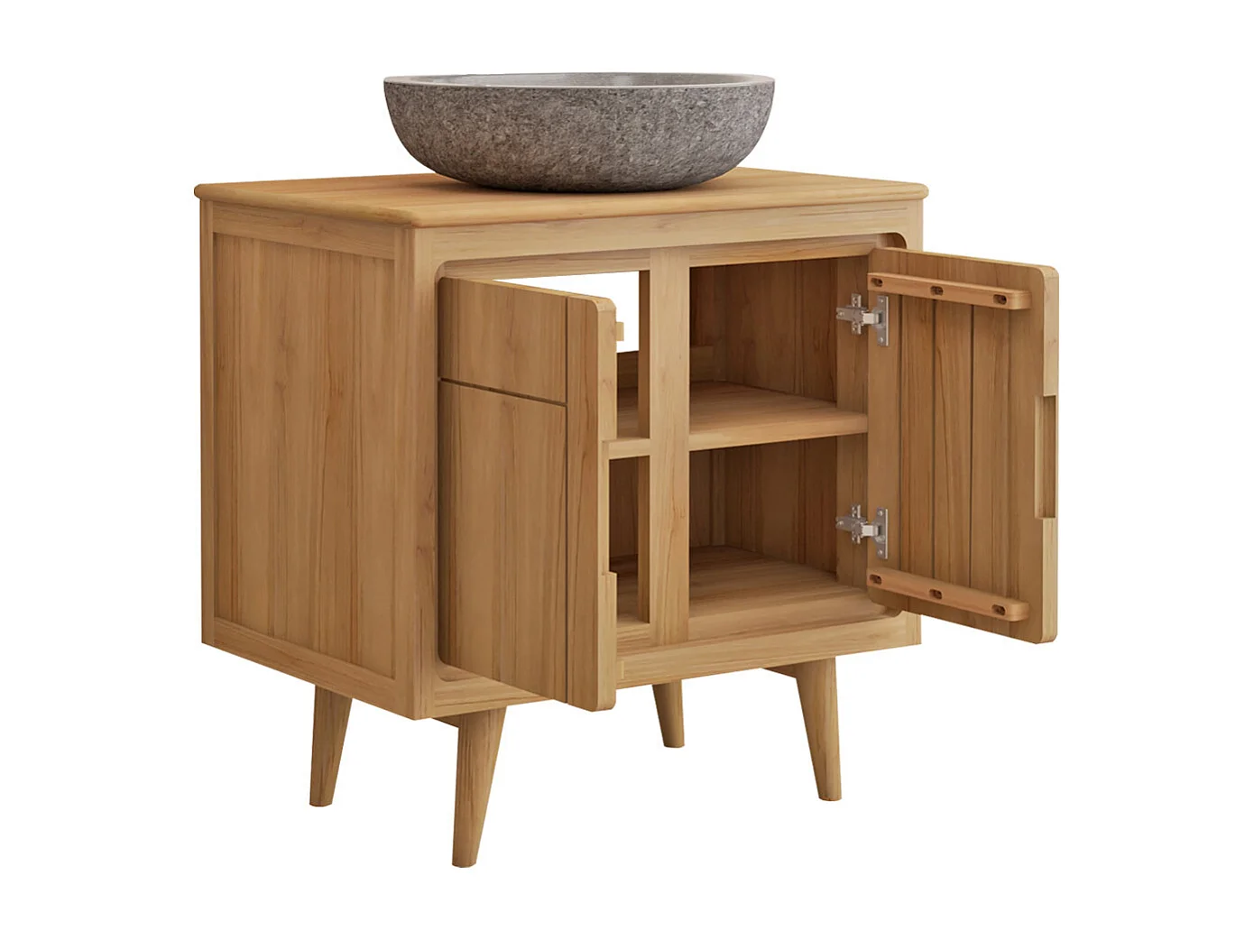 Meuble de salle de bain sur pieds en teck avec vasque à poser grise en pierre  - 80 cm - BINTUNI