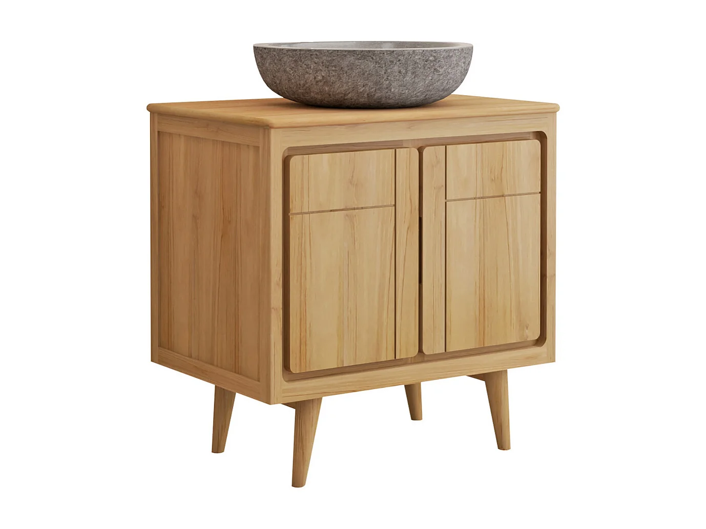Meuble de salle de bain sur pieds en teck avec vasque à poser grise en pierre  - 80 cm - BINTUNI