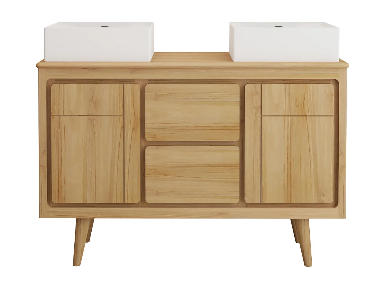 Mobile bagno con piedi in teak e doppio lavabo da appoggio quadrato in ceramica 120 cm - BINTUNI