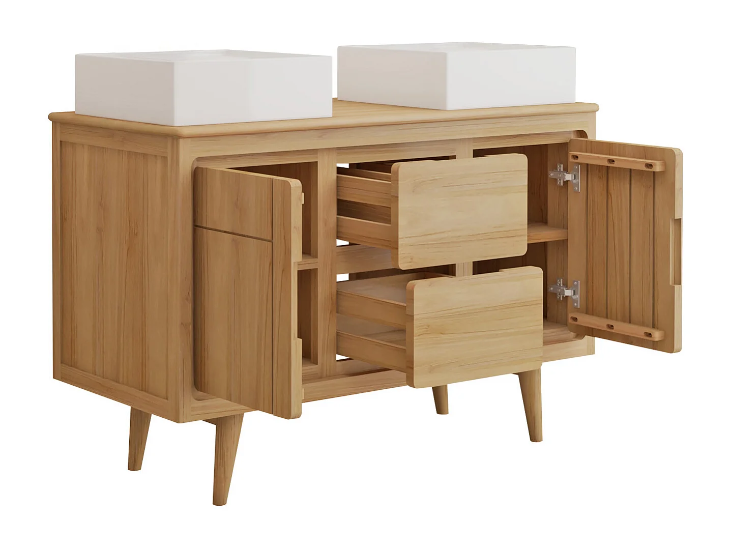 Mobile bagno con piedi in teak e doppio lavabo da appoggio quadrato in ceramica 120 cm - BINTUNI