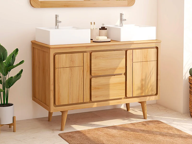Mobile bagno con piedi in teak e doppio lavabo da appoggio quadrato in ceramica 120 cm - BINTUNI