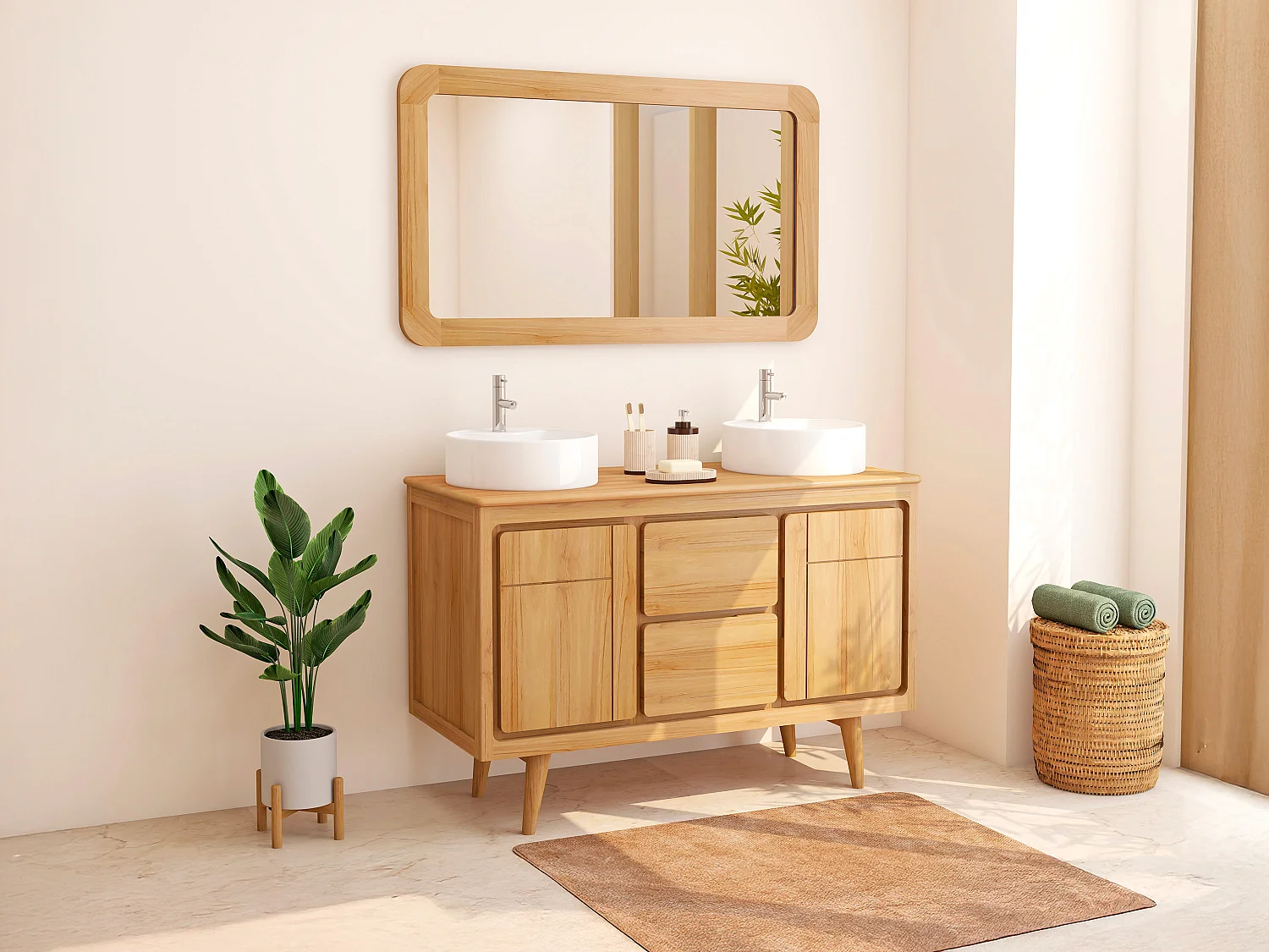 Mobile bagno con piedi in teak e doppio lavabo da appoggio rotondo in ceramica 120 cm - BINTUNI
