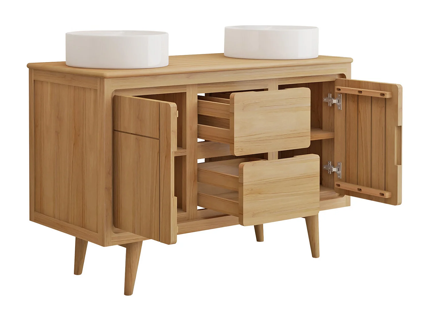 Mobile bagno con piedi in teak e doppio lavabo da appoggio rotondo in ceramica 120 cm - BINTUNI