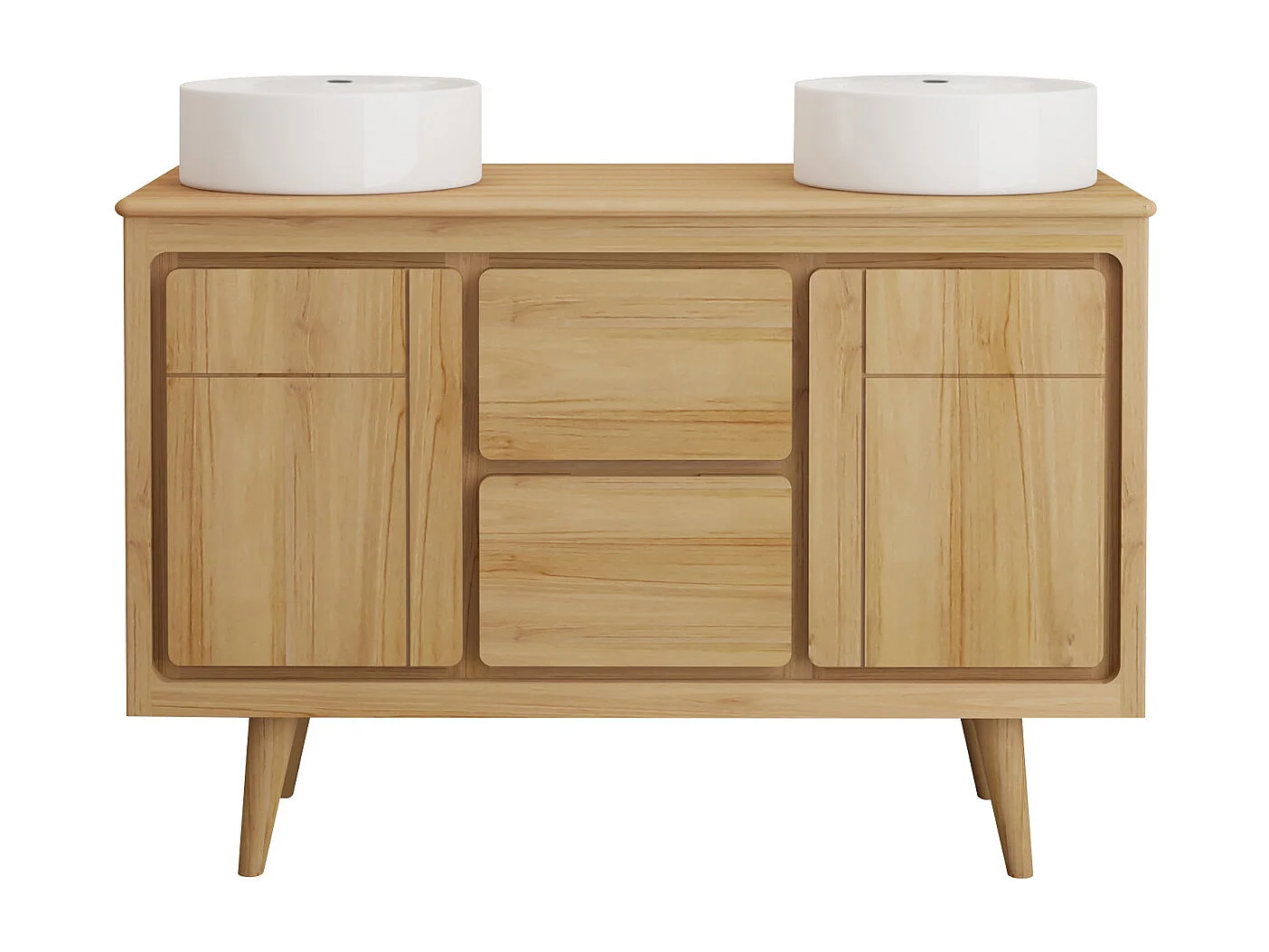 Mobile bagno con piedi in teak e doppio lavabo da appoggio rotondo in ceramica 120 cm - BINTUNI