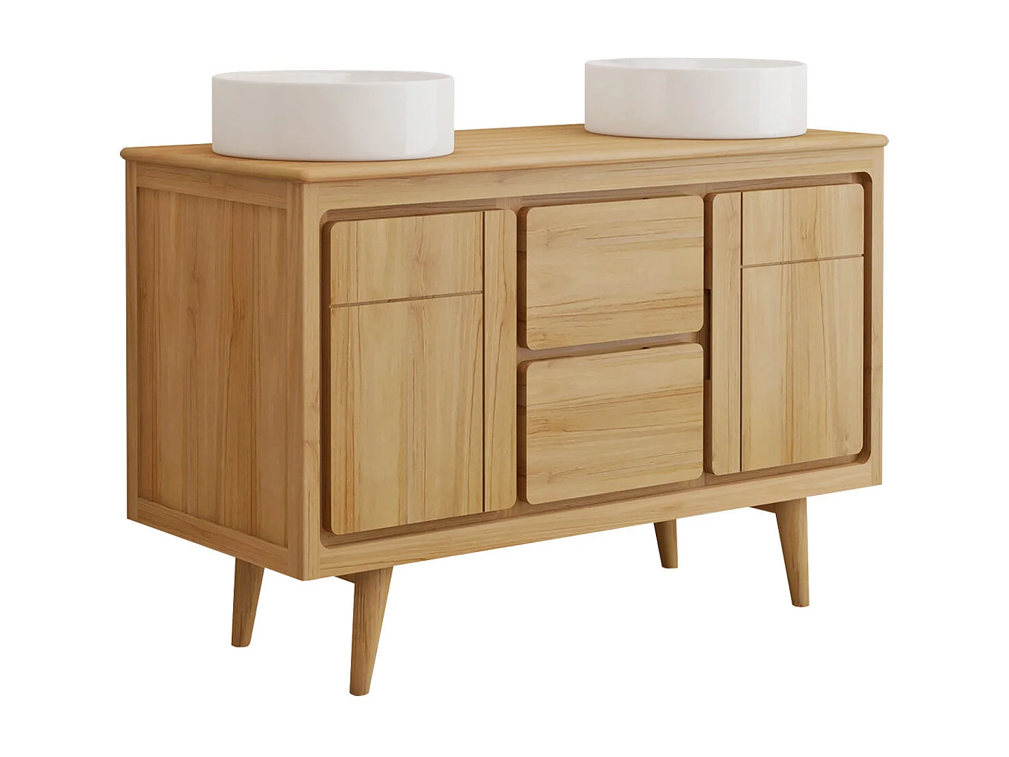 Mobile bagno con piedi in teak e doppio lavabo da appoggio rotondo in ceramica 120 cm - BINTUNI