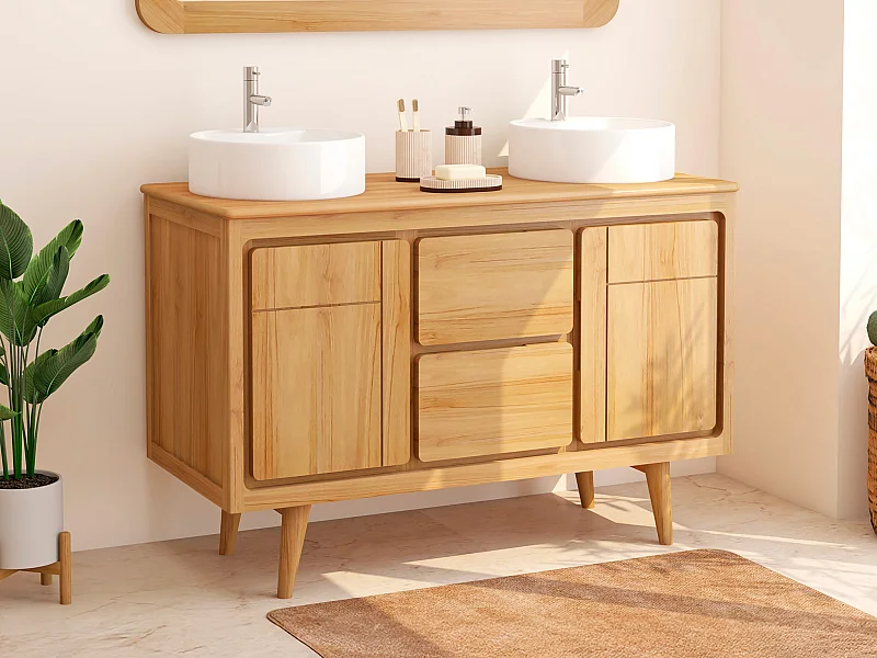 Mobile bagno con piedi in teak e doppio lavabo da appoggio rotondo in ceramica 120 cm - BINTUNI