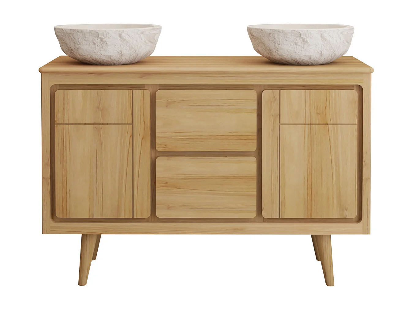 Meuble de salle de bain sur pieds en teck avec double vasque à poser crème en pierre  - 120 cm - BINTUNI