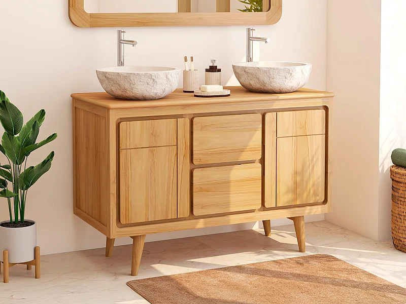 Meuble de salle de bain sur pieds en teck avec double vasque à poser crème en pierre  - 120 cm - BINTUNI
