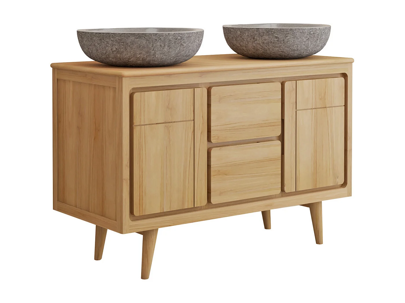 Meuble de salle de bain sur pieds en teck avec double vasque à poser grise en pierre  - 120 cm - BINTUNI