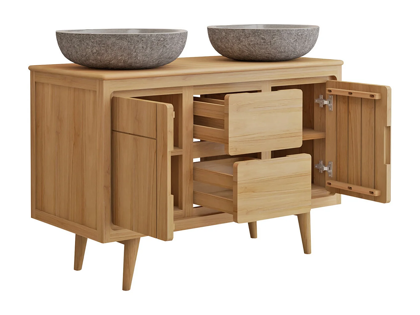 Meuble de salle de bain sur pieds en teck avec double vasque à poser grise en pierre  - 120 cm - BINTUNI