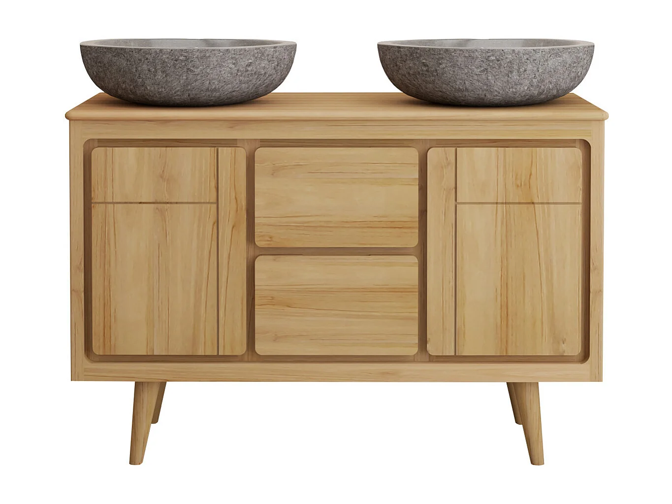 Meuble de salle de bain sur pieds en teck avec double vasque à poser grise en pierre  - 120 cm - BINTUNI