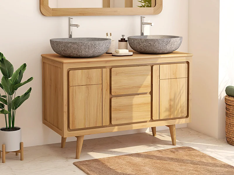 Meuble de salle de bain sur pieds en teck avec double vasque à poser grise en pierre  - 120 cm - BINTUNI
