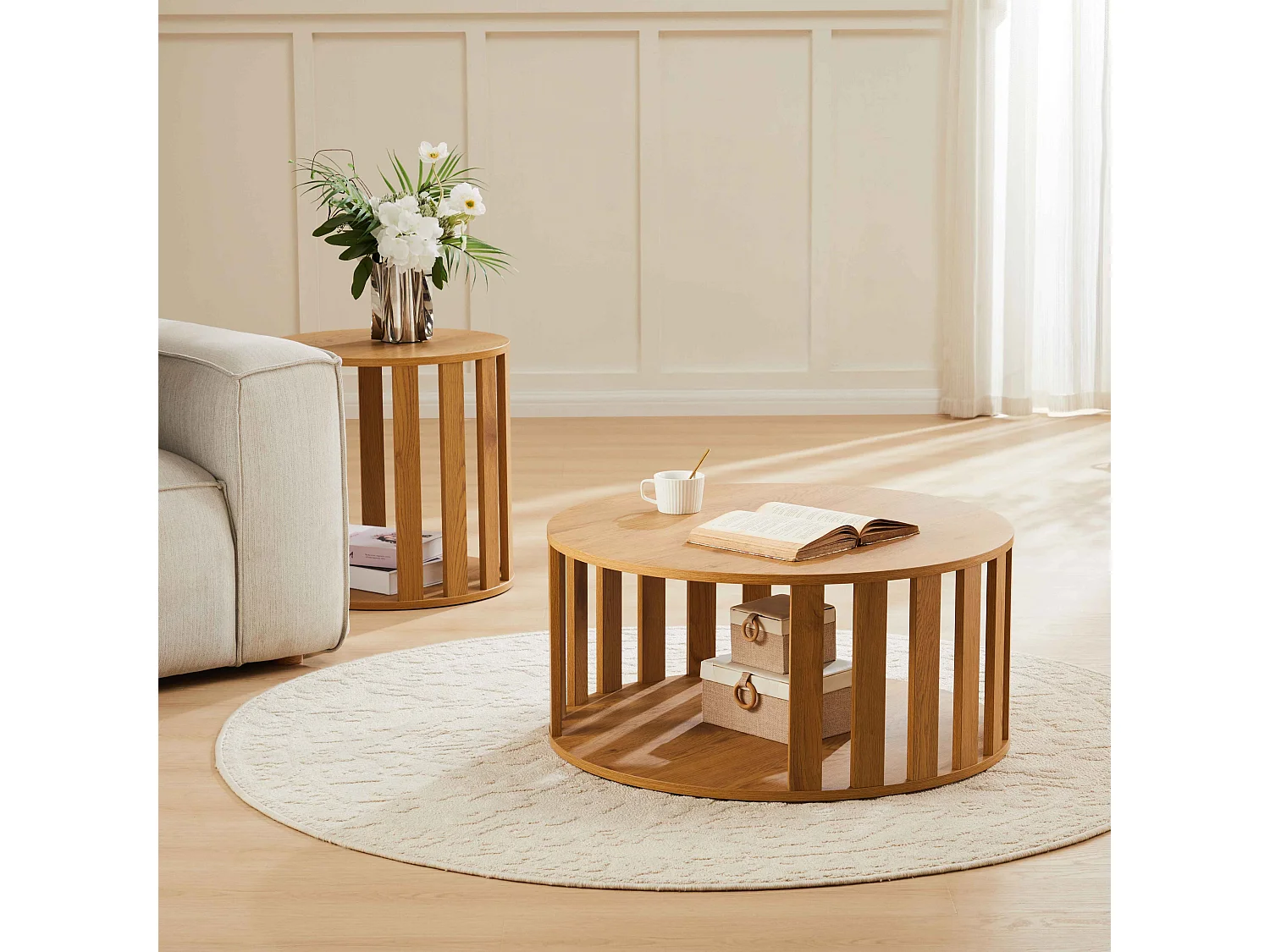 Tables basses gigognes effet bois ronde Ø50 et Ø75 cm bois clair