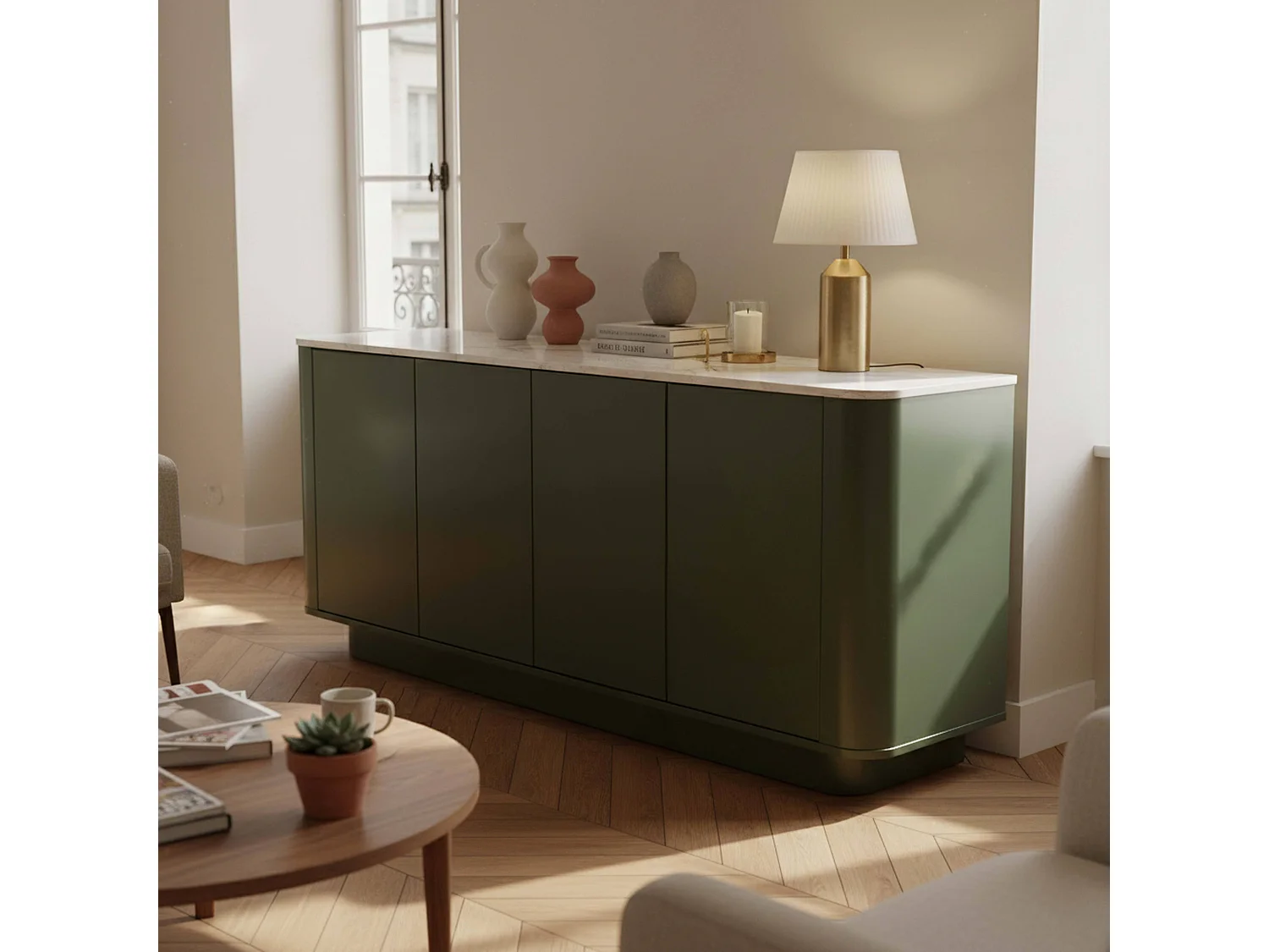 Buffet uni 4 portes L 180 cm vert olive