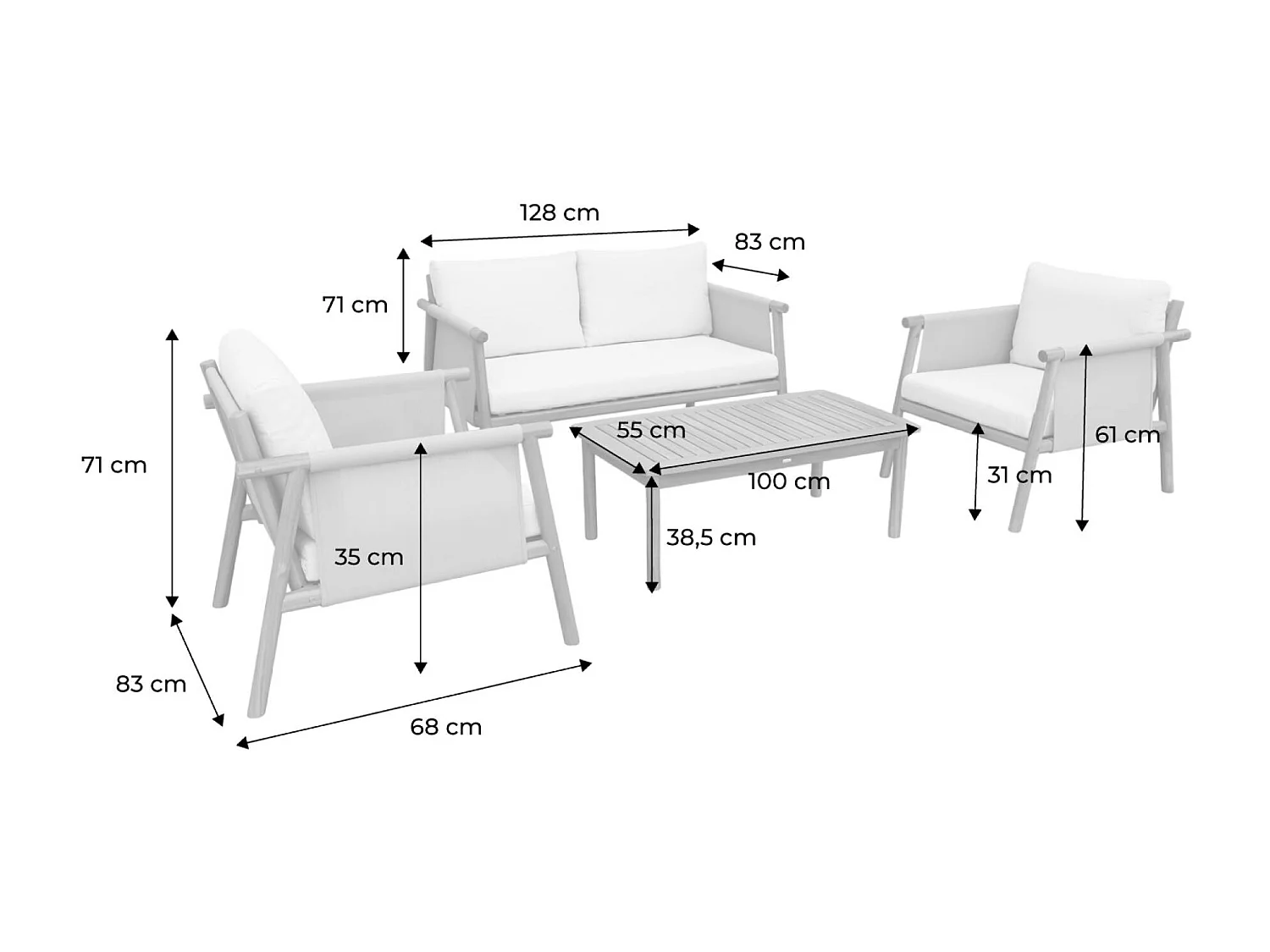 Salotto da giardino in legno di acacia e tessuto beige, 4 posti, beige
