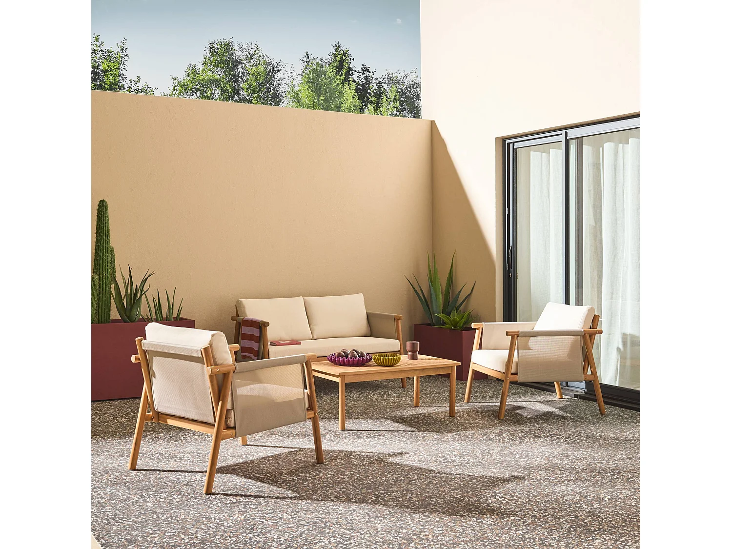 Salotto da giardino in legno di acacia e tessuto beige, 4 posti, beige