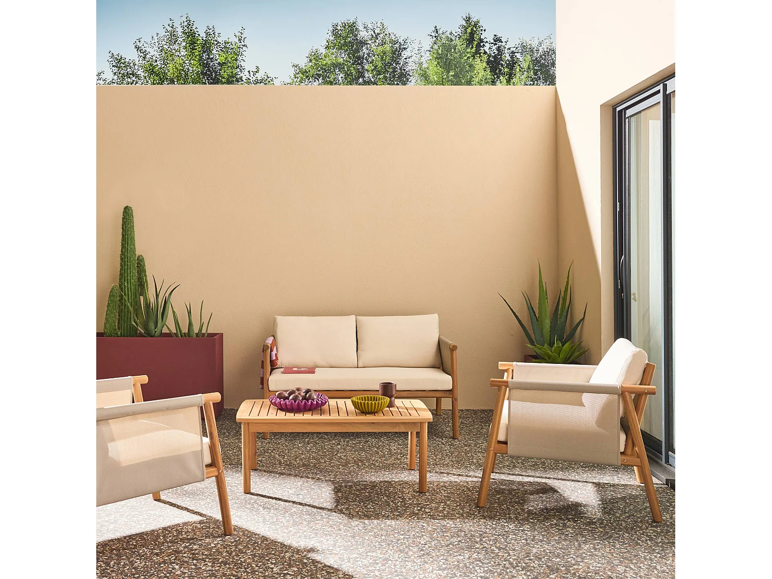 Salotto da giardino in legno di acacia e tessuto beige, 4 posti, beige