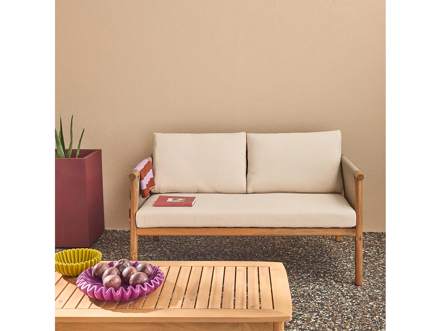 Salotto da giardino in legno di acacia e tessuto beige, 4 posti, beige