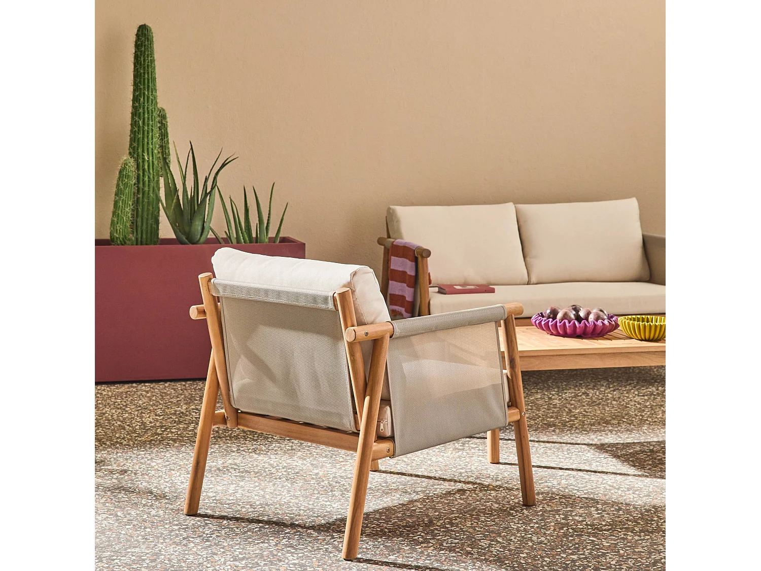 Salotto da giardino in legno di acacia e tessuto beige, 4 posti, beige