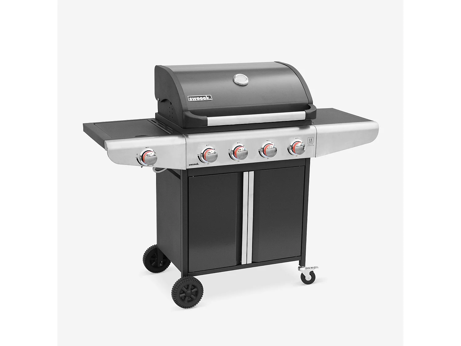 Barbecue au gaz - Bazin  Gris anthracite -  Cuisine extérieure 5 brûleurs dont 1 feu latéral avec tablettes et thermomètre. rangement. roues