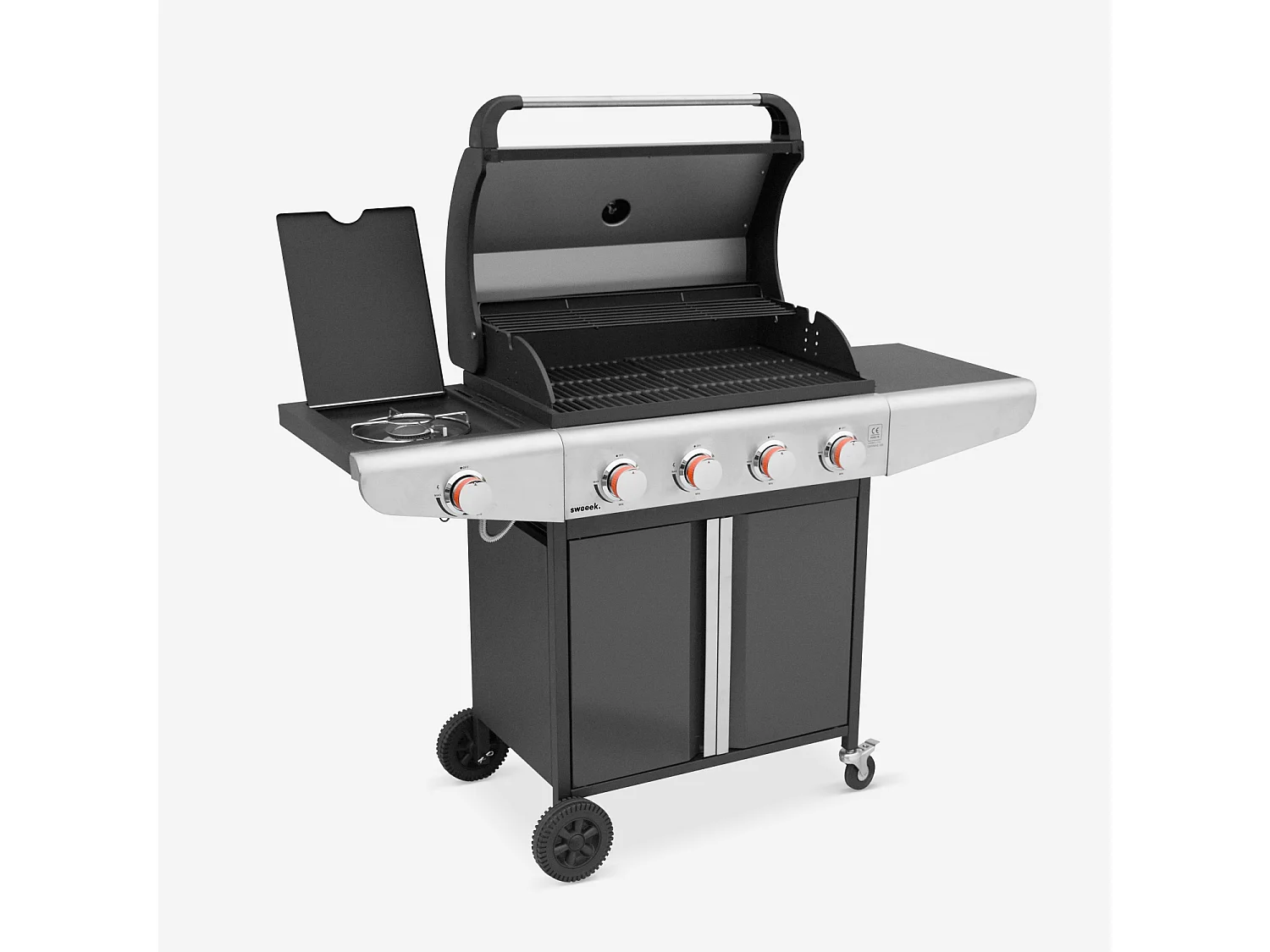 Barbecue au gaz - Bazin  Gris anthracite -  Cuisine extérieure 5 brûleurs dont 1 feu latéral avec tablettes et thermomètre. rangement. roues