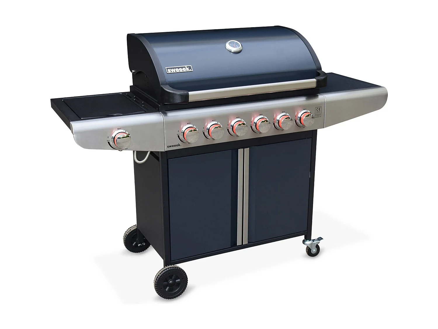 Barbecue au gaz - Bazin 6 Gris anthracite -  Cuisine extérieure 6 brûleurs dont 1 feu latéral avec tablettes et thermomètre. rangement. roues