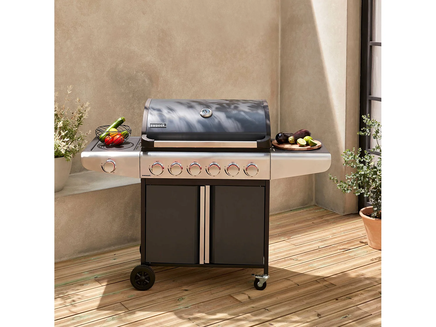 Barbecue au gaz - Bazin 6 Gris anthracite -  Cuisine extérieure 6 brûleurs dont 1 feu latéral avec tablettes et thermomètre. rangement. roues