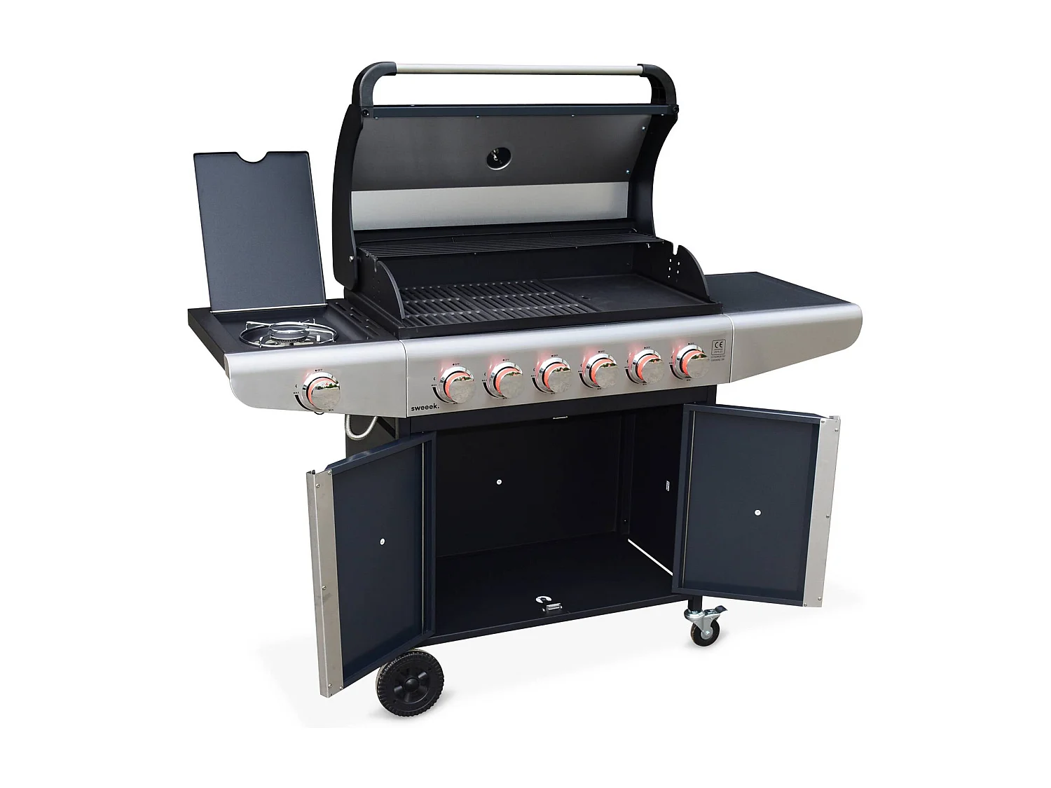 Barbecue au gaz - Bazin 6 Gris anthracite -  Cuisine extérieure 6 brûleurs dont 1 feu latéral avec tablettes et thermomètre. rangement. roues