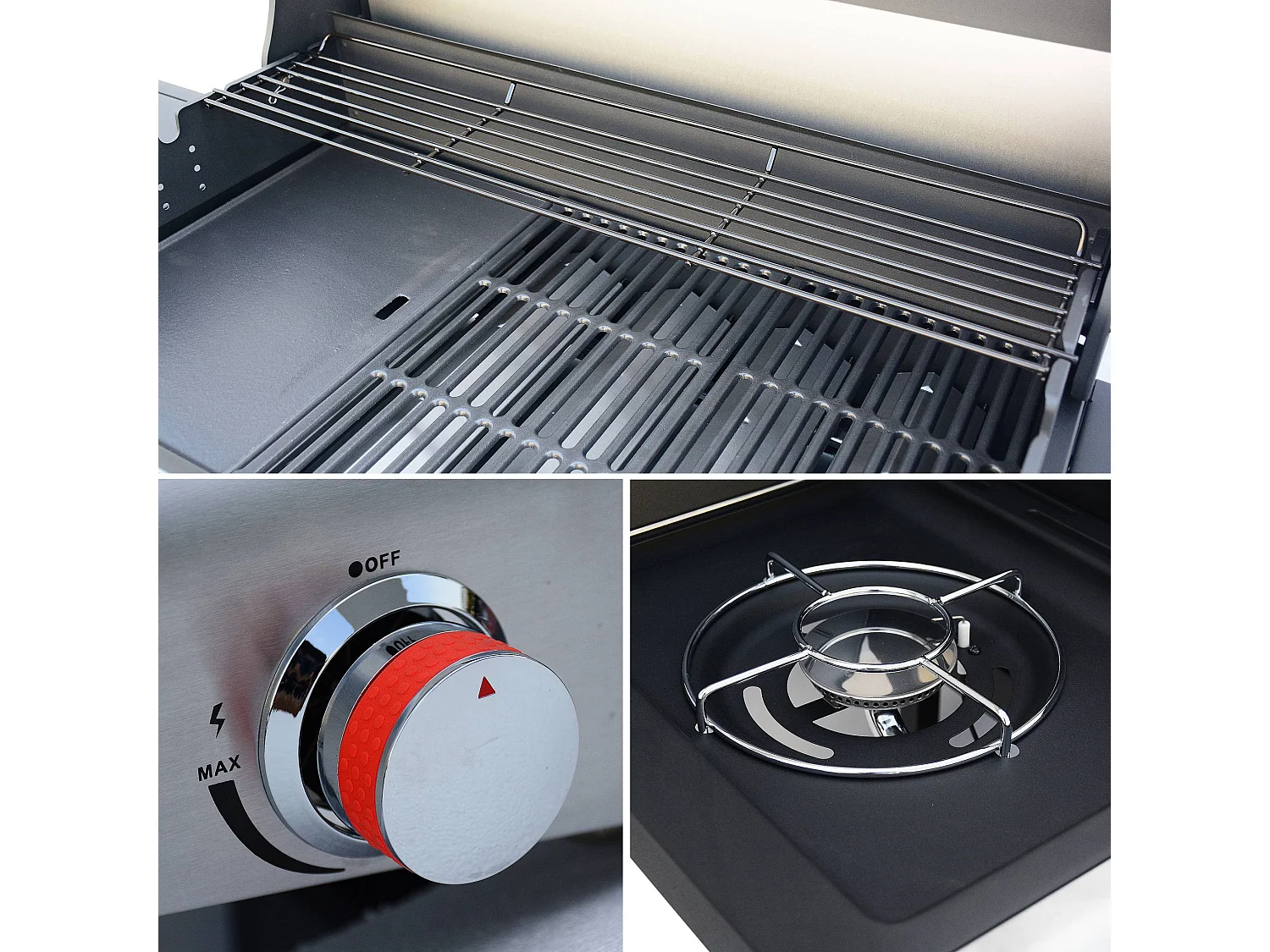 Barbecue au gaz - Bazin 6 Gris anthracite -  Cuisine extérieure 6 brûleurs dont 1 feu latéral avec tablettes et thermomètre. rangement. roues