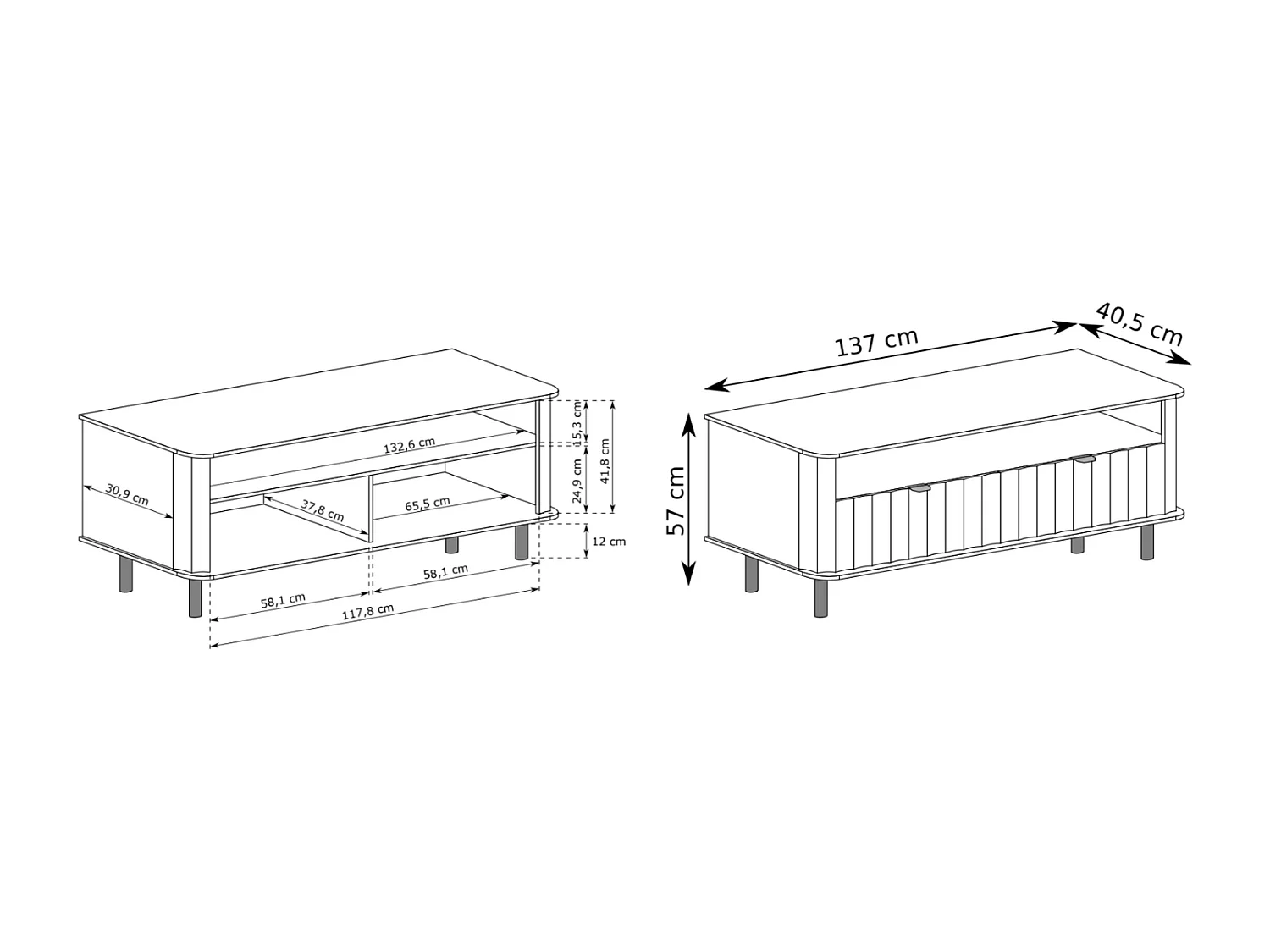 Meuble TV avec deux abattants et une niche ouverte – 137 cm – gris cachemire – NOVADO