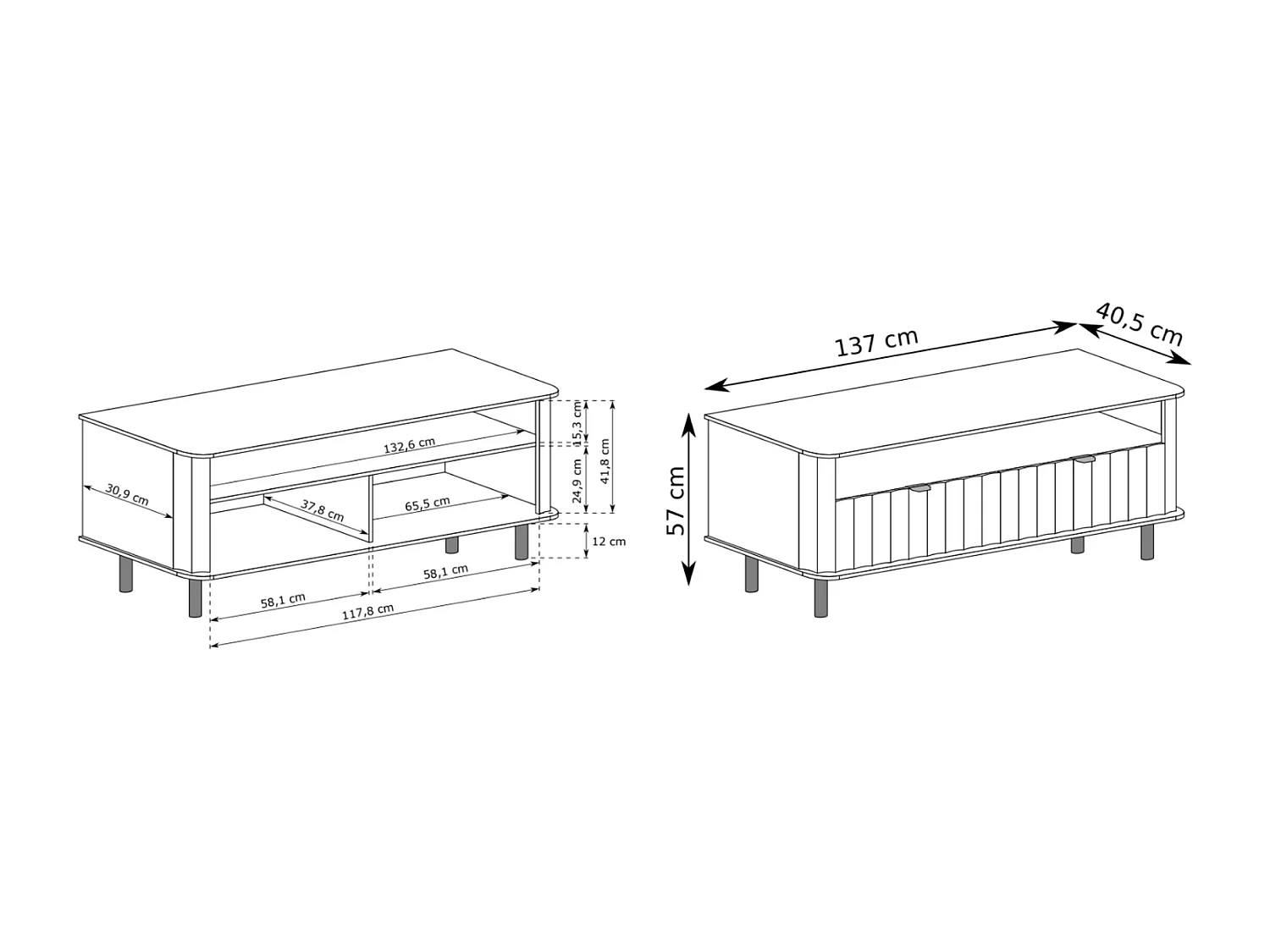 Meuble TV avec deux abattants et une niche ouverte – 137 cm – gris cachemire – NOVADO