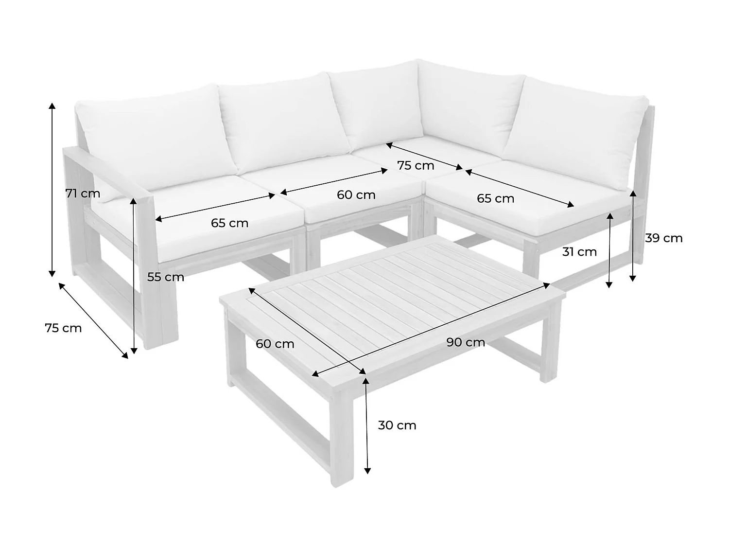 Salon de jardin modulable bois d'acacia et tissu beige 4 places - Tula
