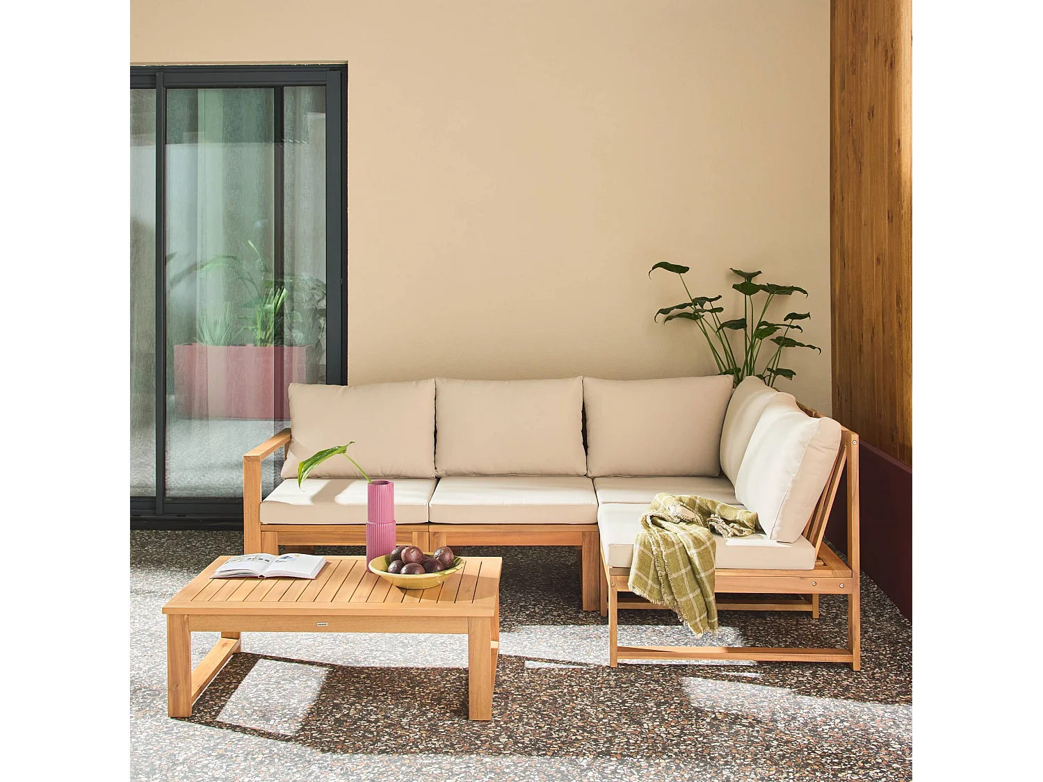 Salon de jardin modulable bois d'acacia et tissu beige 4 places - Tula