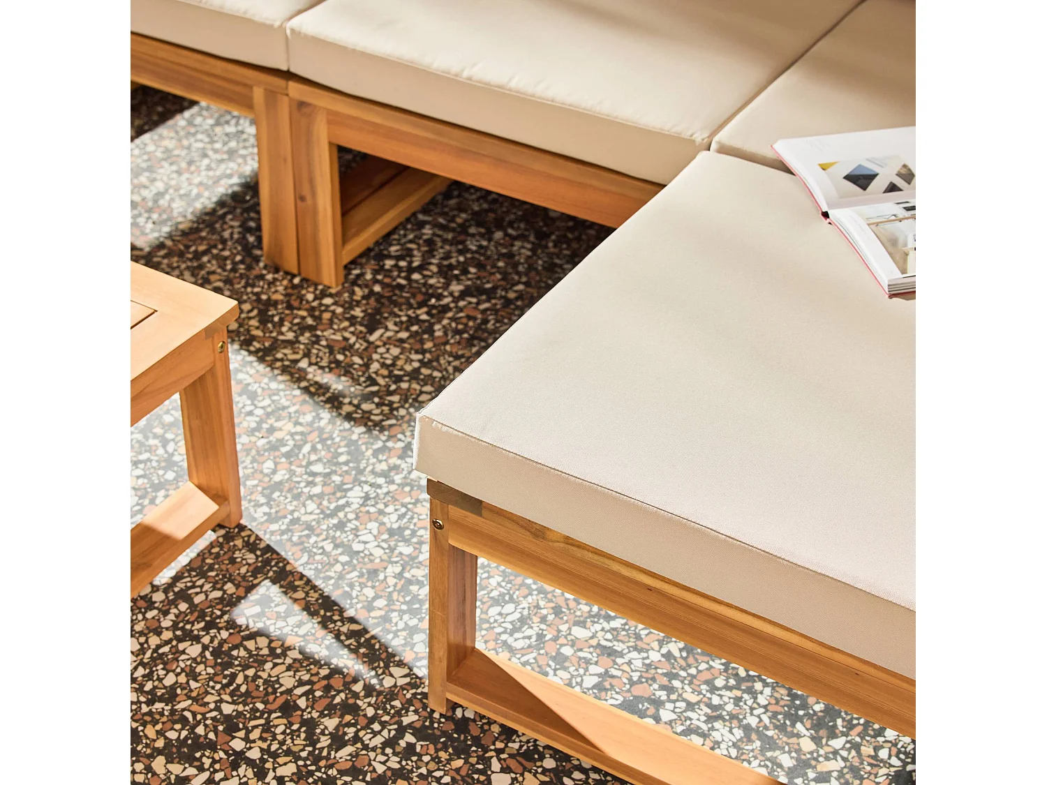 Salon de jardin modulable bois d'acacia et tissu beige 4 places - Tula