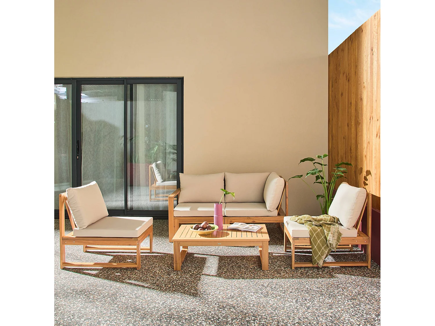 Salon de jardin modulable bois d'acacia et tissu beige 4 places - Tula