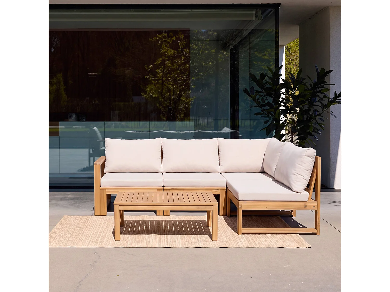 Salon de jardin modulable bois d'acacia et tissu beige 4 places - Tula