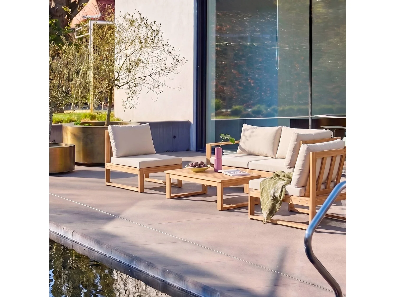 Salon de jardin modulable bois d'acacia et tissu beige 4 places - Tula