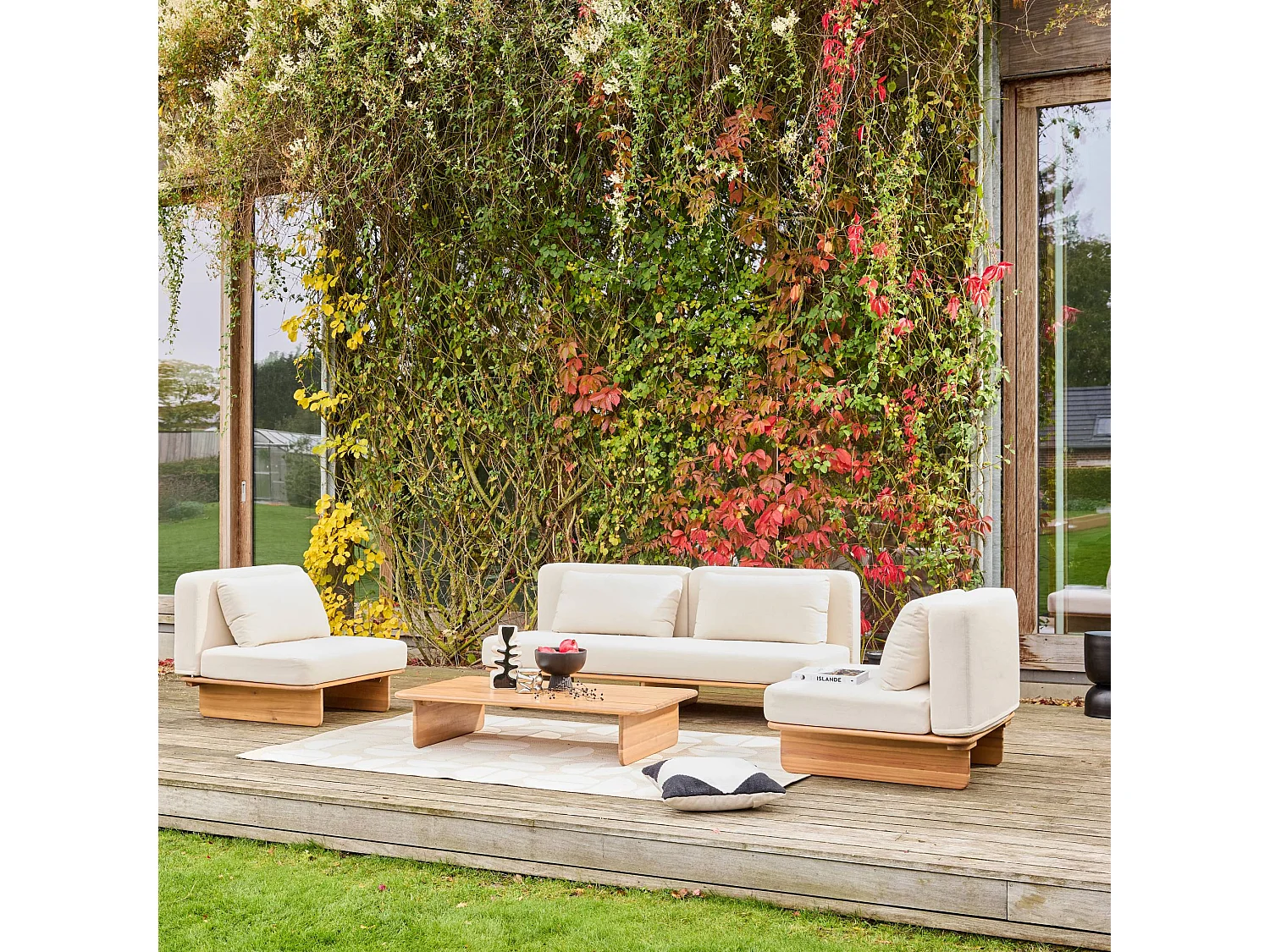 Salon de jardin bois d'acacia et tissu beige 4 places - Armonia