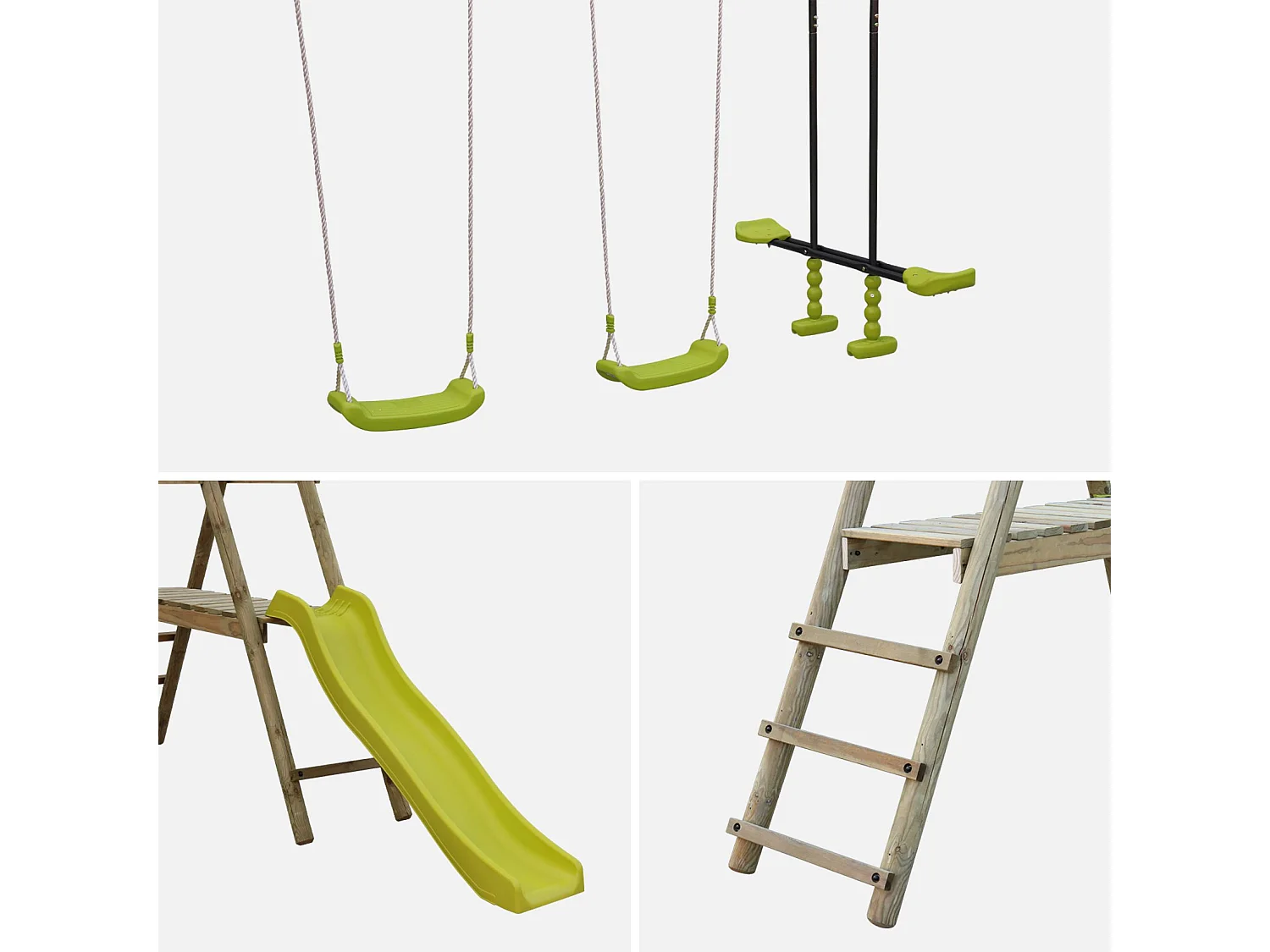 Aire de jeux Marin en bois avec toboggan. 1 face à face. 2 balançoires. pin autoclave