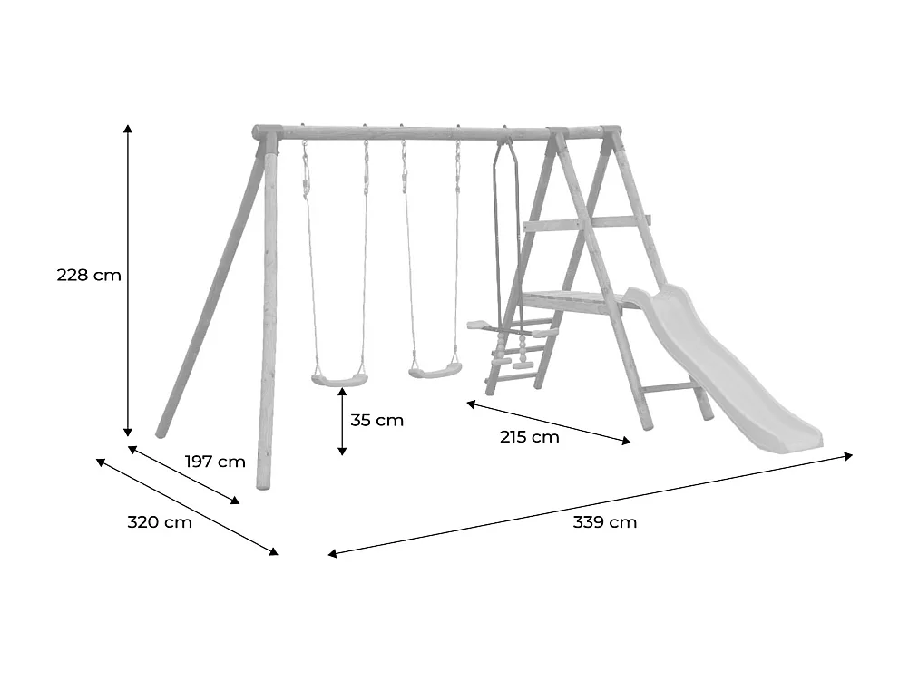 Aire de jeux Marin en bois avec toboggan. 1 face à face. 2 balançoires. pin autoclave