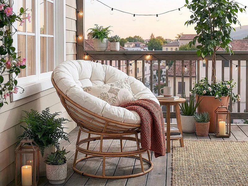 Fauteuil papasan intérieur/extérieur style loveuse "Bali" - Ø91cm - Beige