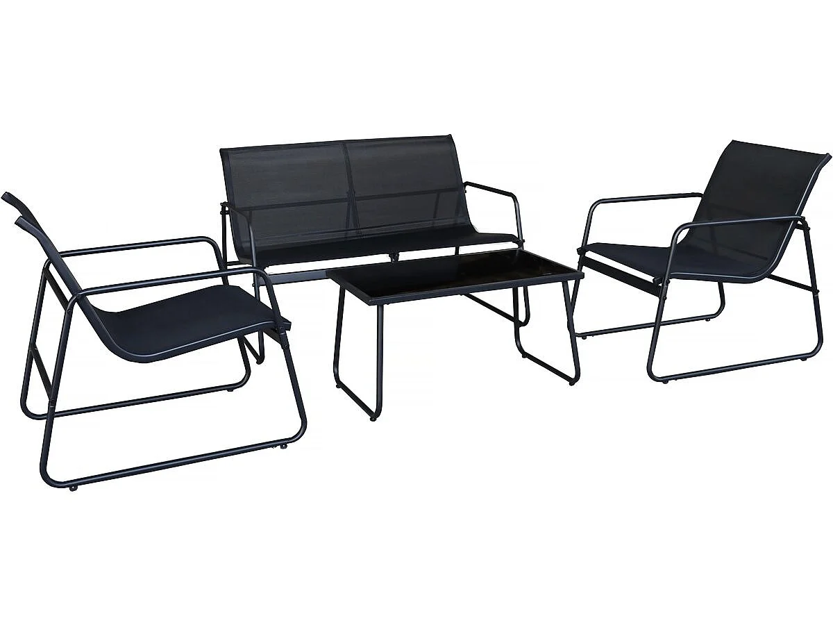 Conjunto de jardim em metal preto Fortaleza para 4 pessoas com mesa de centro em vidro temperado, robusto e fácil de manter
